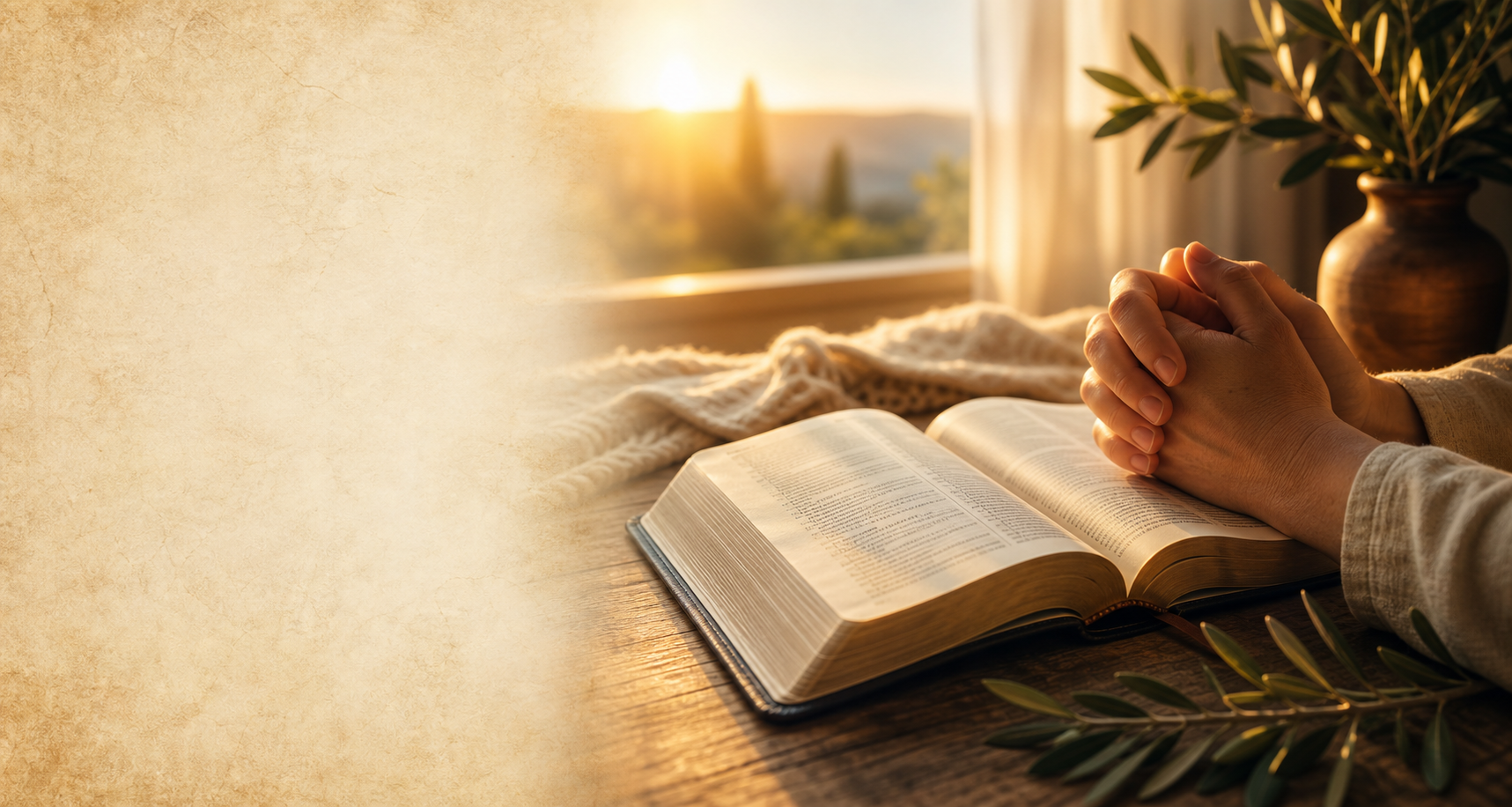 Biblia abierta con luz suave y ambiente de oración